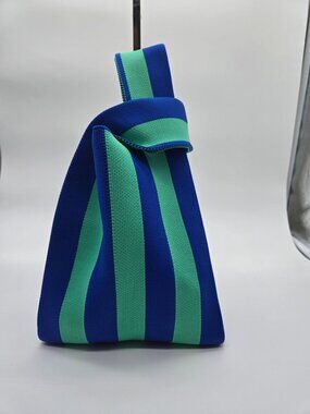 Striped Knitted Tote Bag In Blue & Green With Modern Knot Handle Design Durable